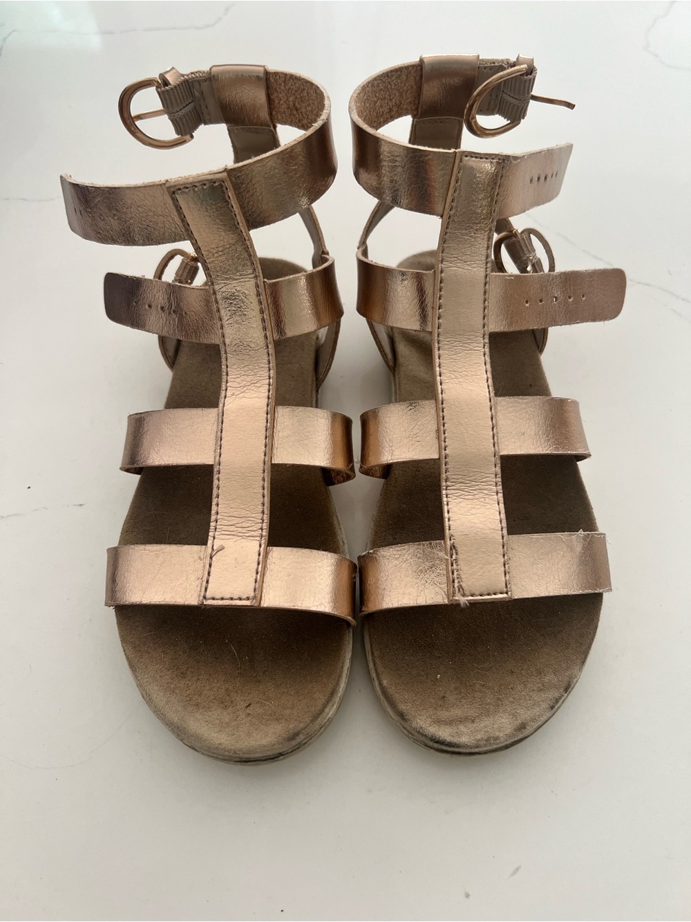 Girls Metallic Rose Gold Strappy Flat Sandals with Ankle Buckle